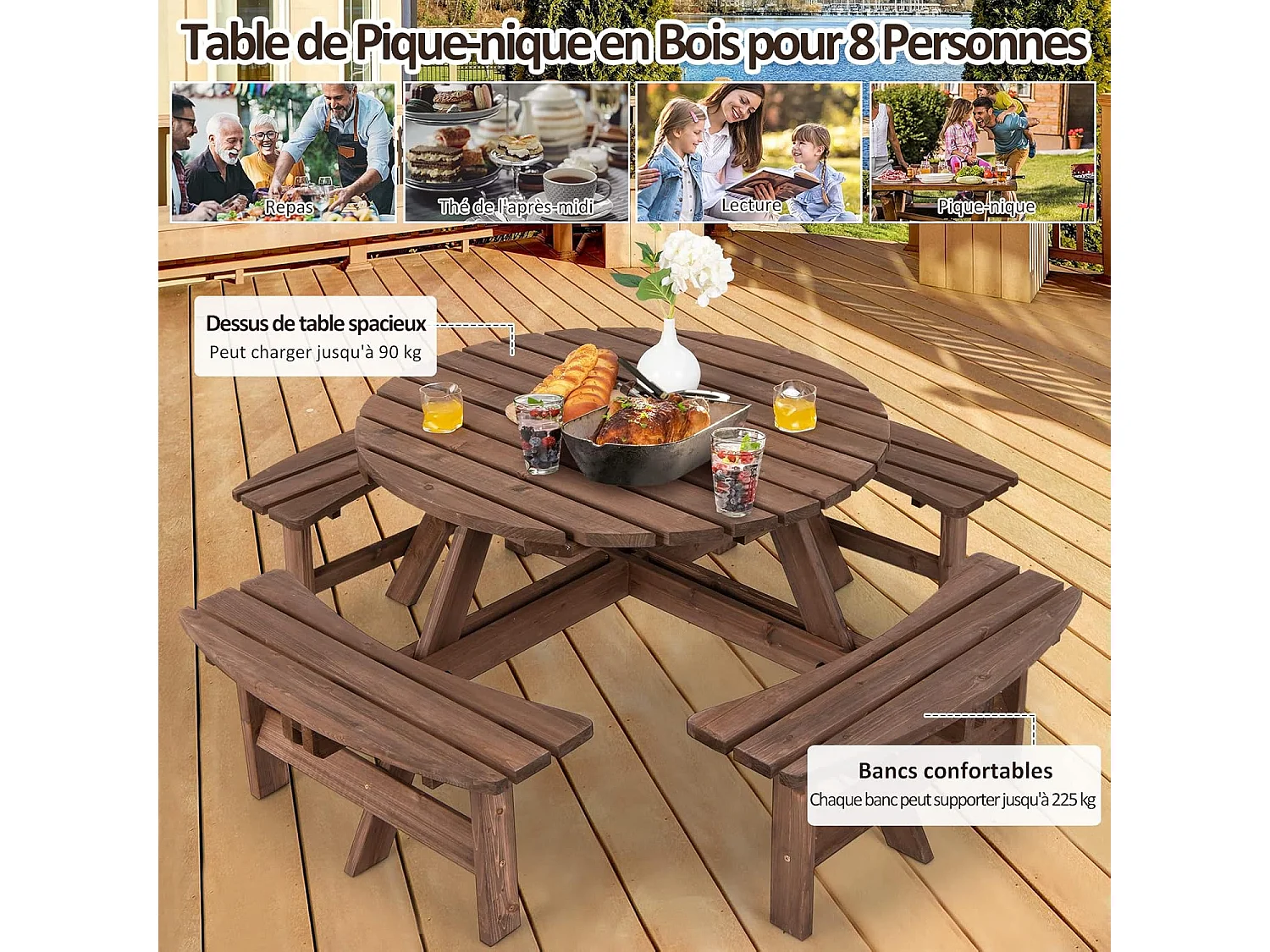 Ensemble Table de Pique-Nique en Bois avec Trou de Parasol, Set Table et Banc Jardin Résistant aux Intempéries Chaque Banc Charge 225 KG pour 8 Personnes, pour Patio Pelouse