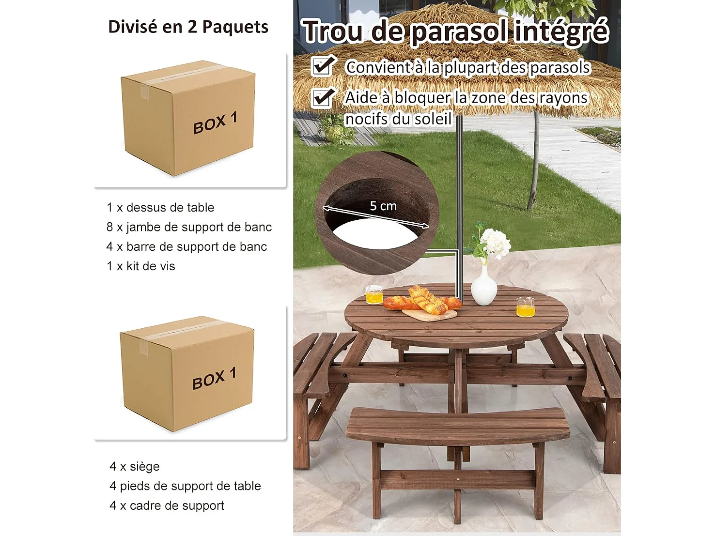 Ensemble Table de Pique-Nique en Bois avec Trou de Parasol, Set Table et Banc Jardin Résistant aux Intempéries Chaque Banc Charge 225 KG pour 8 Personnes, pour Patio Pelouse