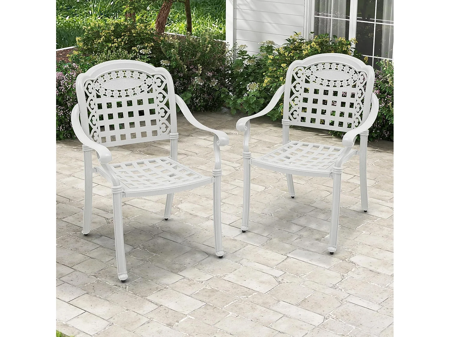 Ensemble de 2 Chaises de Terrasse en Aluminium Coulé, Chaises de Salle à Manger Extérieures avec Accoudoirs, Chaises Empilables pour Jardin, Cour (en Damier, Blanc)