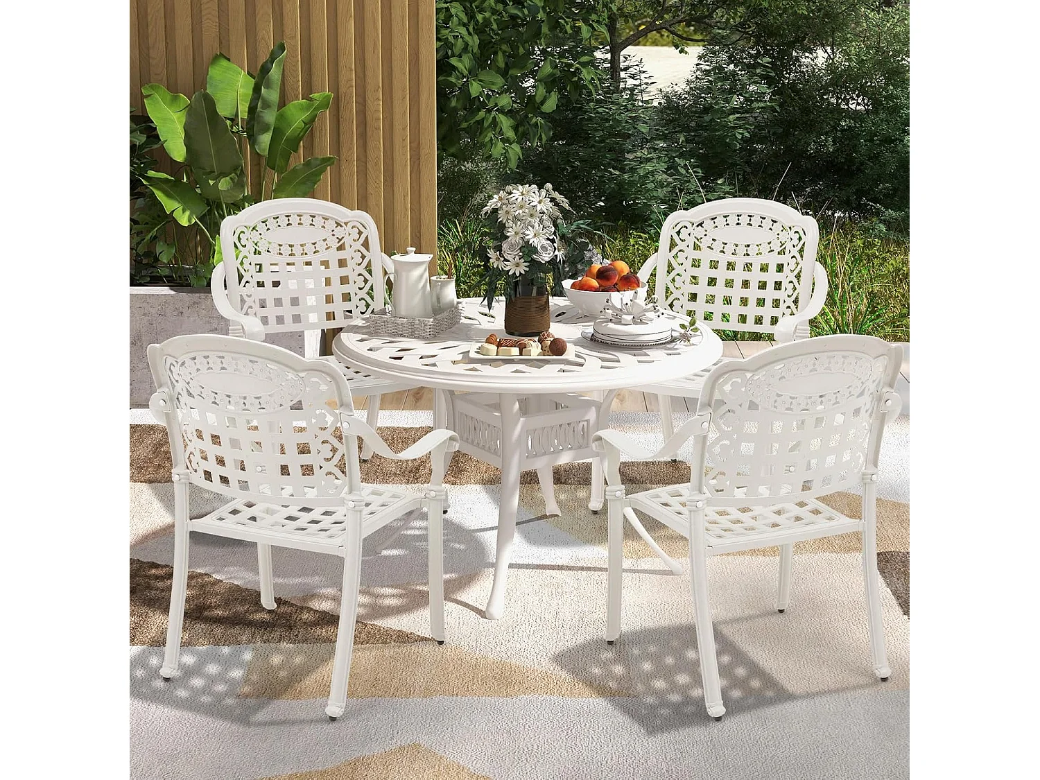 Ensemble de 2 Chaises de Terrasse en Aluminium Coulé, Chaises de Salle à Manger Extérieures avec Accoudoirs, Chaises Empilables pour Jardin, Cour (en Damier, Blanc)