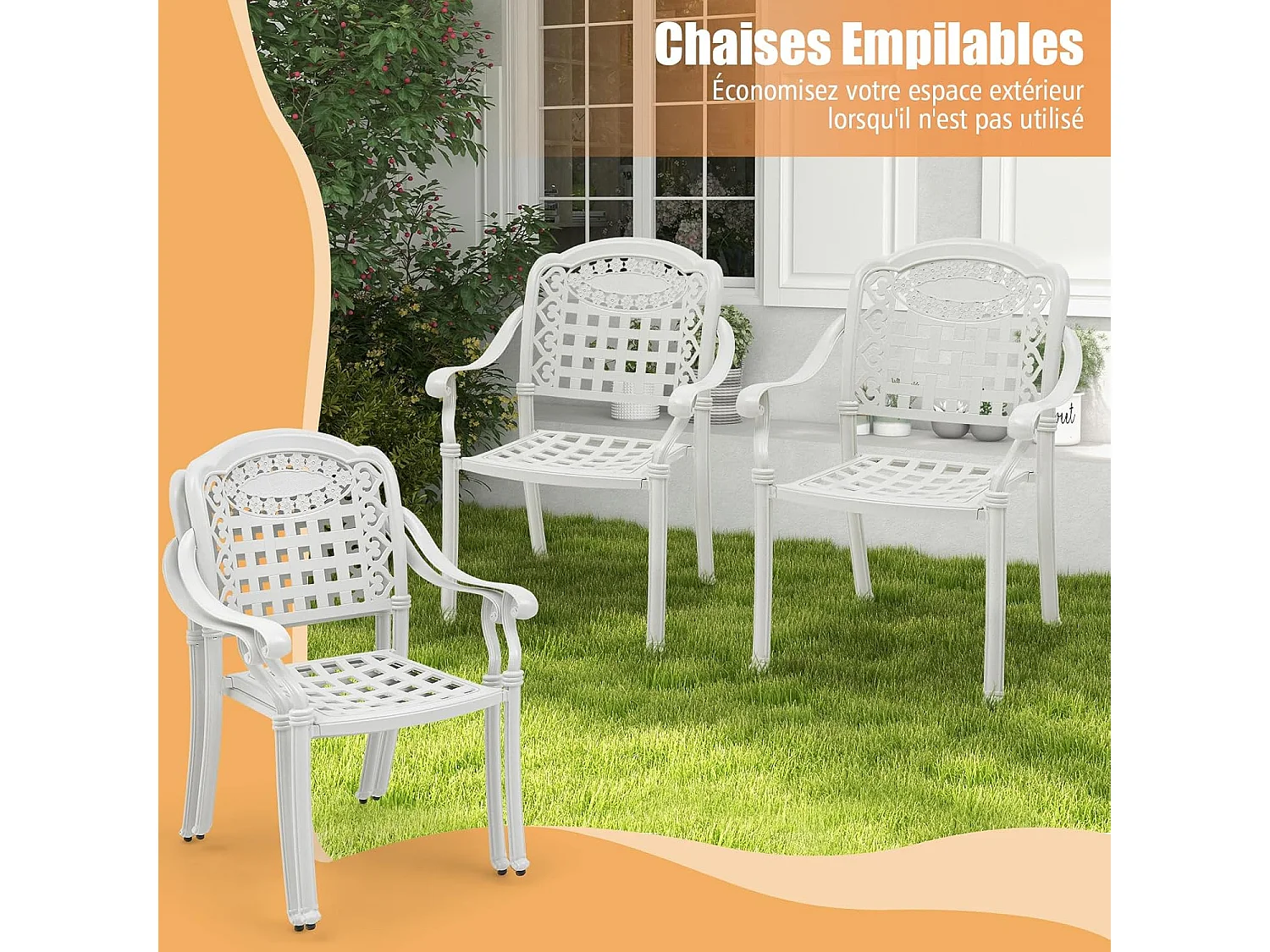 Ensemble de 2 Chaises de Terrasse en Aluminium Coulé, Chaises de Salle à Manger Extérieures avec Accoudoirs, Chaises Empilables pour Jardin, Cour (en Damier, Blanc)