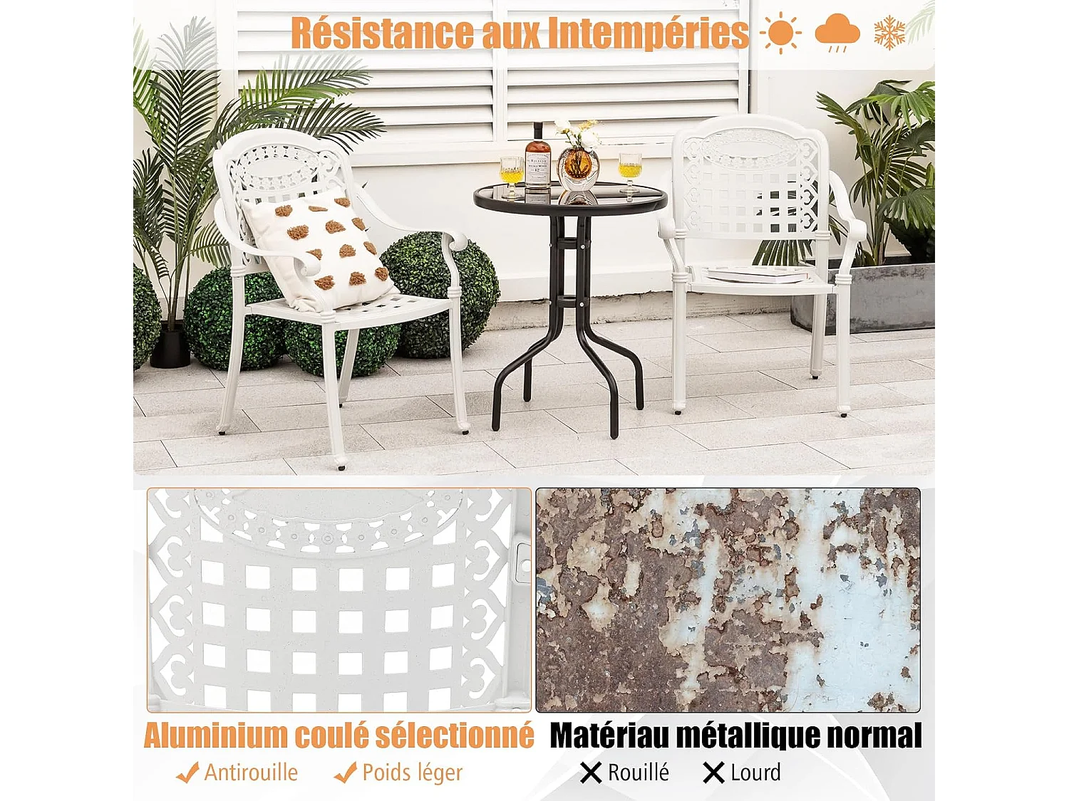 Ensemble de 2 Chaises de Terrasse en Aluminium Coulé, Chaises de Salle à Manger Extérieures avec Accoudoirs, Chaises Empilables pour Jardin, Cour (en Damier, Blanc)