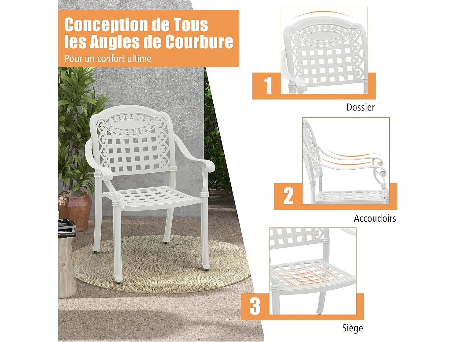 Ensemble de 2 Chaises de Terrasse en Aluminium Coulé, Chaises de Salle à Manger Extérieures avec Accoudoirs, Chaises Empilables pour Jardin, Cour (en Damier, Blanc)