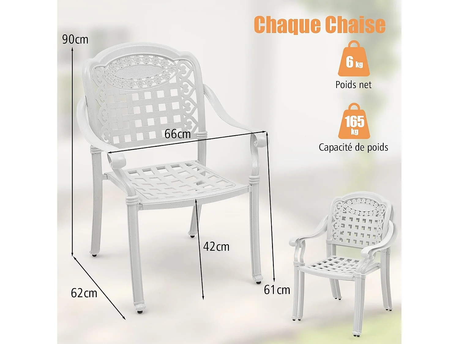 Ensemble de 2 Chaises de Terrasse en Aluminium Coulé, Chaises de Salle à Manger Extérieures avec Accoudoirs, Chaises Empilables pour Jardin, Cour (en Damier, Blanc)