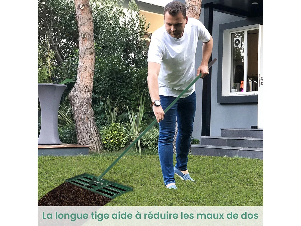Râteau de Nivellement de Pelouse 106 x 25 cm, Râteau de Jardin en Métal avec Poignée Ergonomique, Outil de Niveau de Pelouse pour Jardin CourTerrain de Golf Ferme