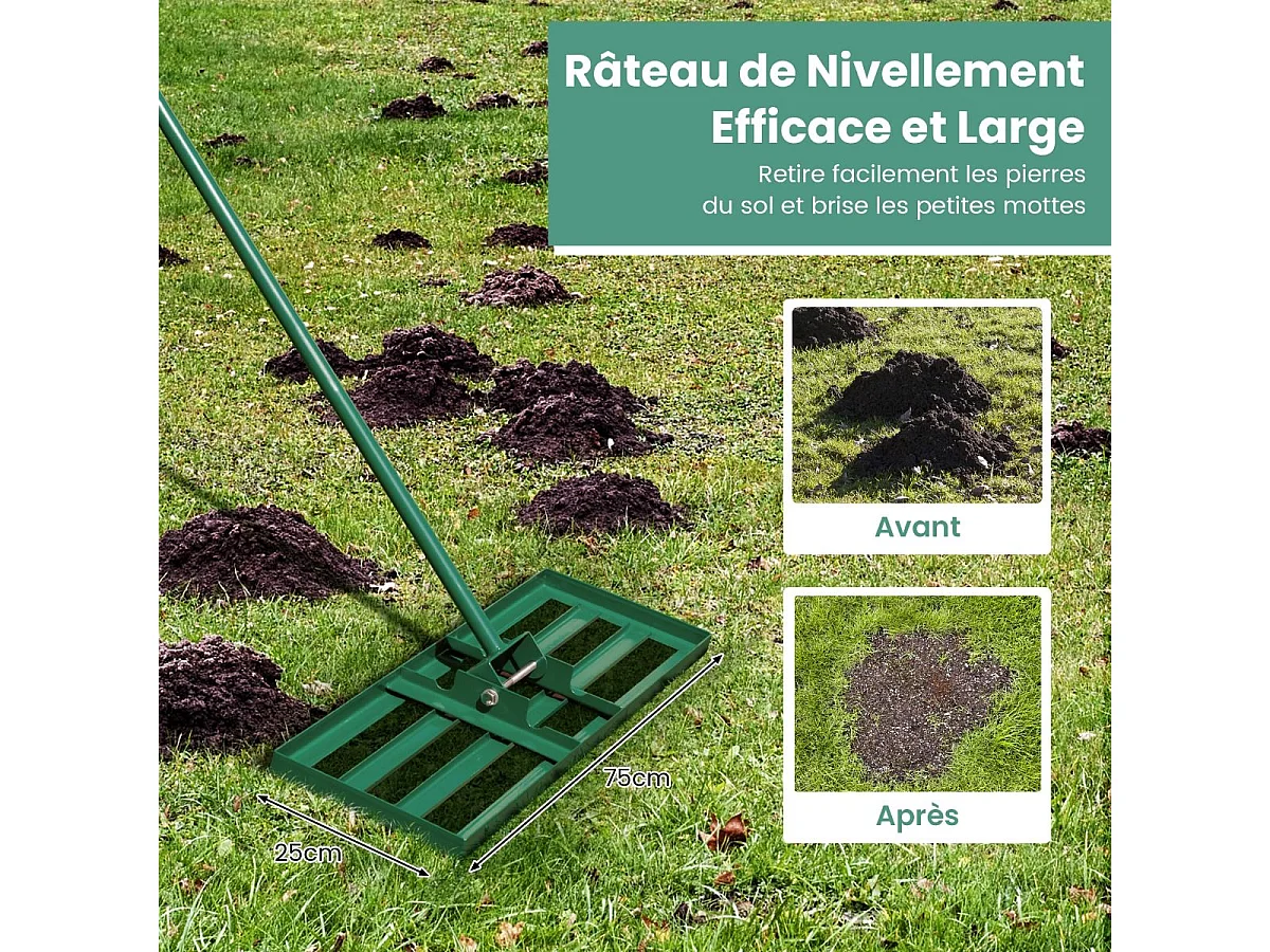 Râteau de Nivellement de Pelouse 106 x 25 cm, Râteau de Jardin en Métal avec Poignée Ergonomique, Outil de Niveau de Pelouse pour Jardin CourTerrain de Golf Ferme