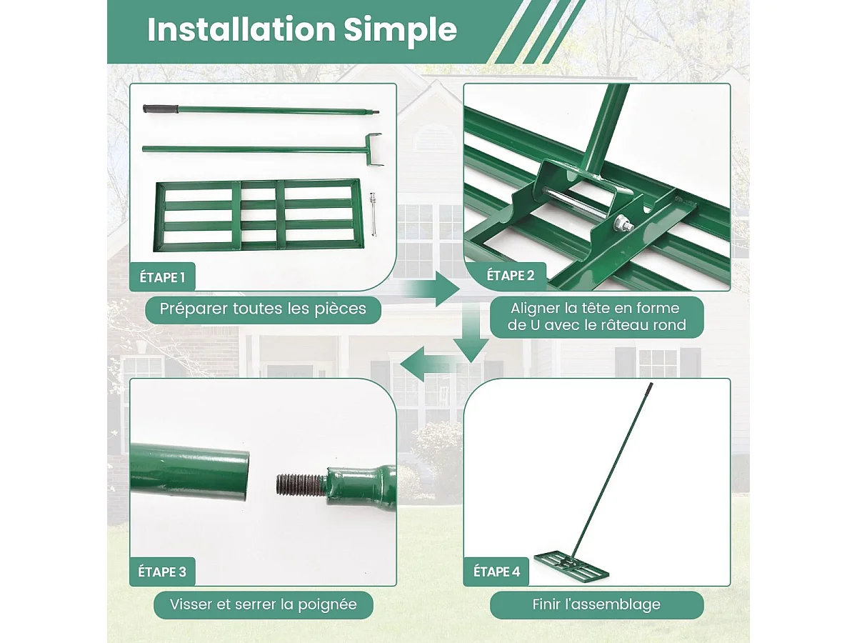 Râteau de Nivellement de Pelouse 106 x 25 cm, Râteau de Jardin en Métal avec Poignée Ergonomique, Outil de Niveau de Pelouse pour Jardin CourTerrain de Golf Ferme