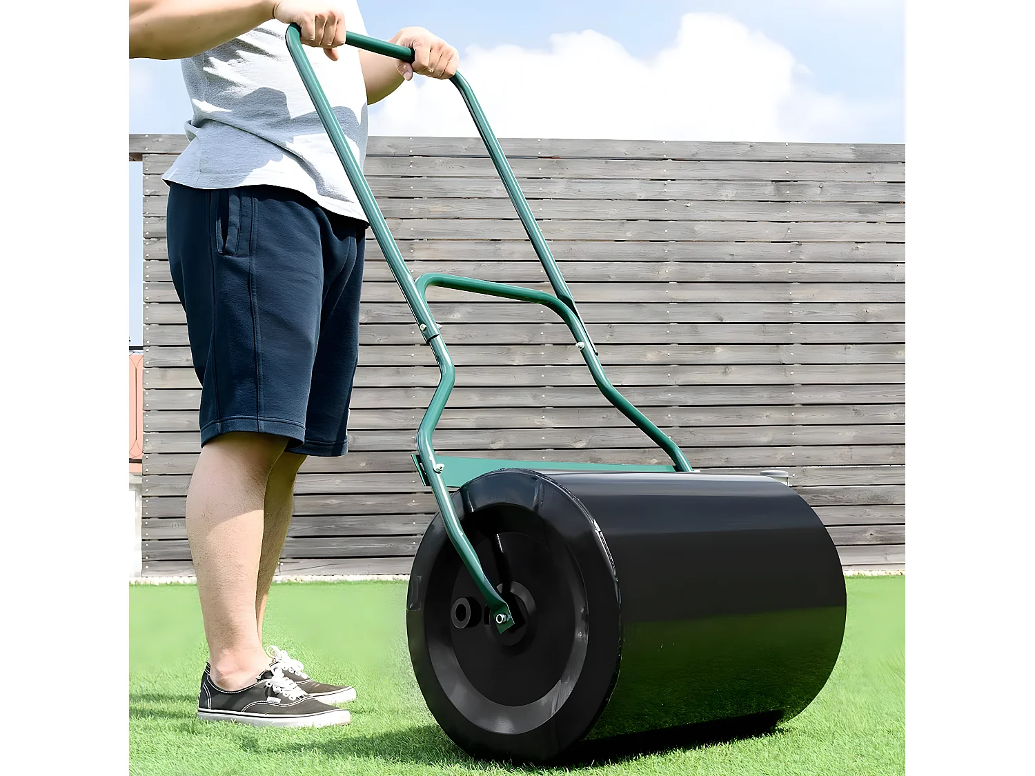 Rouleau à Gazon Jardin 50 x 40 x 123 cm Remplissage Eau ou Sable 60L Noir avec Poignée en U et Bouchon de Vidange Amovible