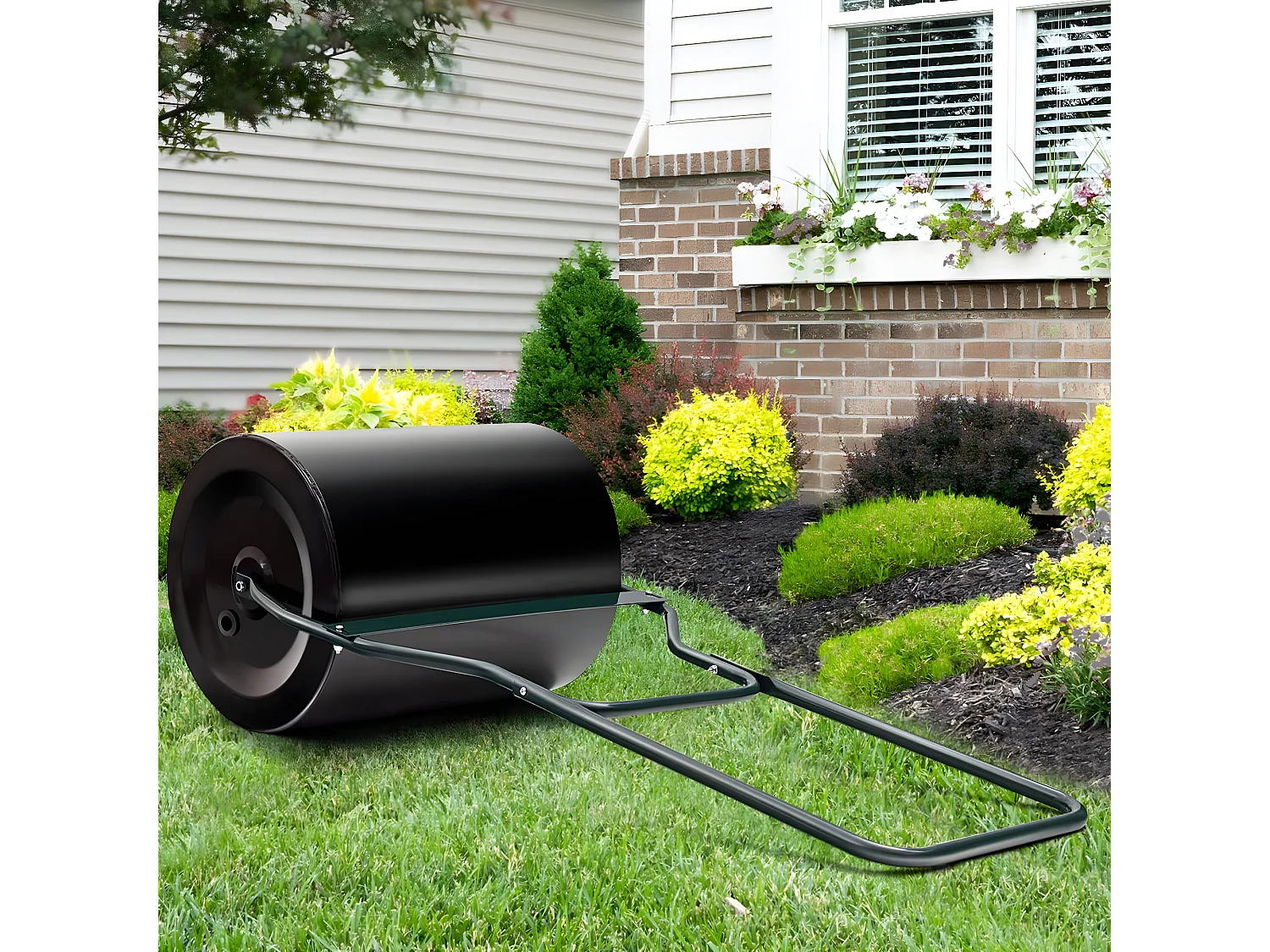 Rouleau à Gazon Jardin 50 x 40 x 123 cm Remplissage Eau ou Sable 60L Noir avec Poignée en U et Bouchon de Vidange Amovible