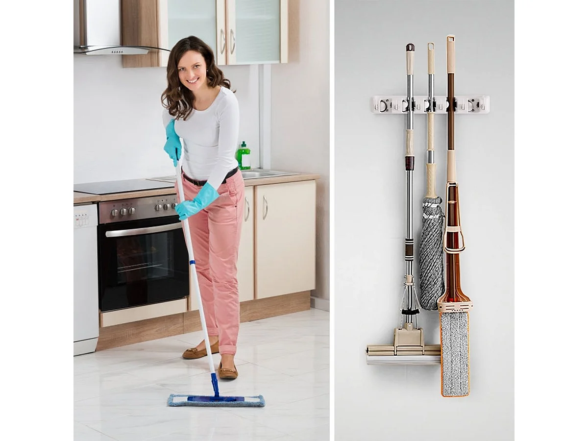 Porte Balais Mural avec 5 Emplacements et 6 Crochets/Support Balais Mural pour Salle de Bain, Cuisine ou Garage-Blanc