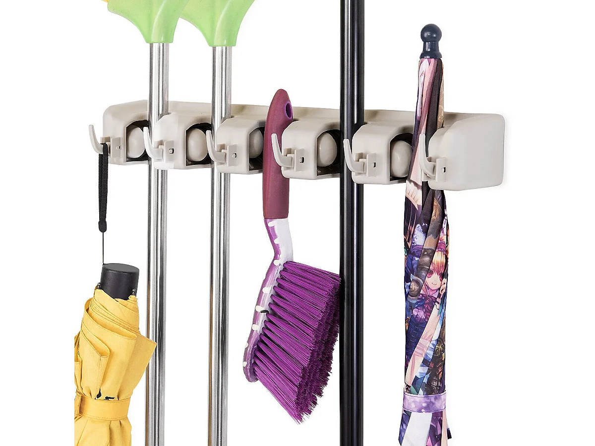 Porte Balais Mural avec 5 Emplacements et 6 Crochets/Support Balais Mural pour Salle de Bain, Cuisine ou Garage-Blanc