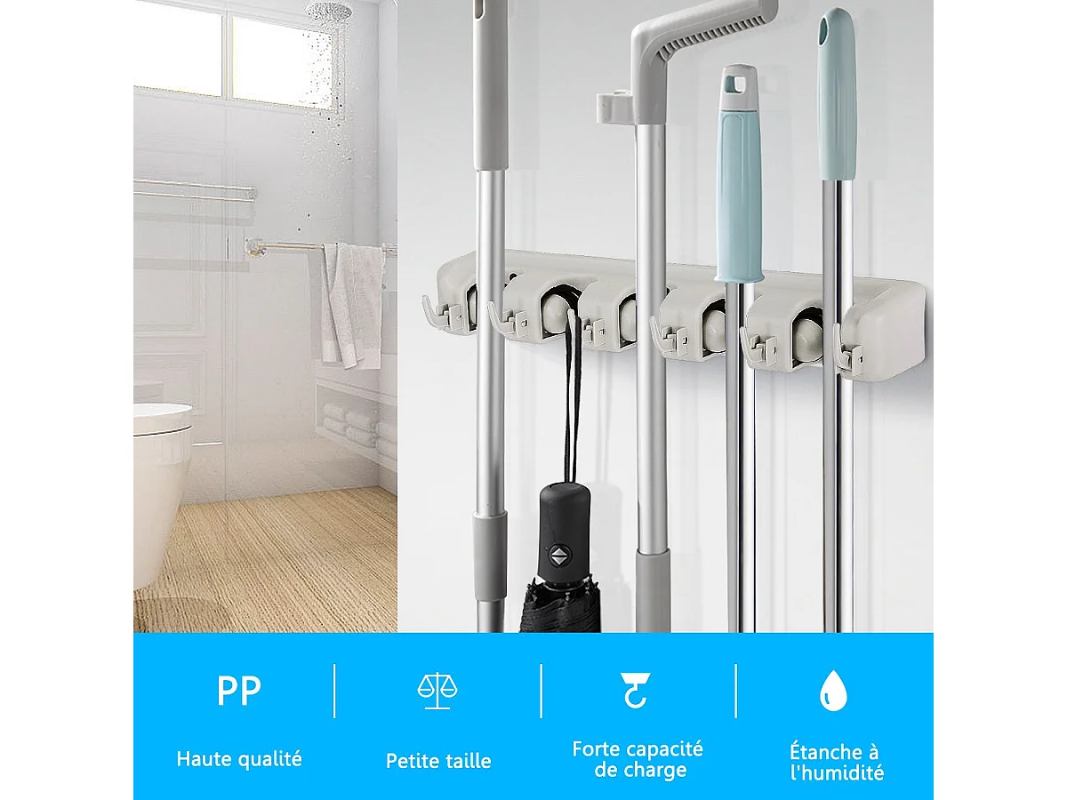 Porte Balais Mural avec 5 Emplacements et 6 Crochets/Support Balais Mural pour Salle de Bain, Cuisine ou Garage-Blanc
