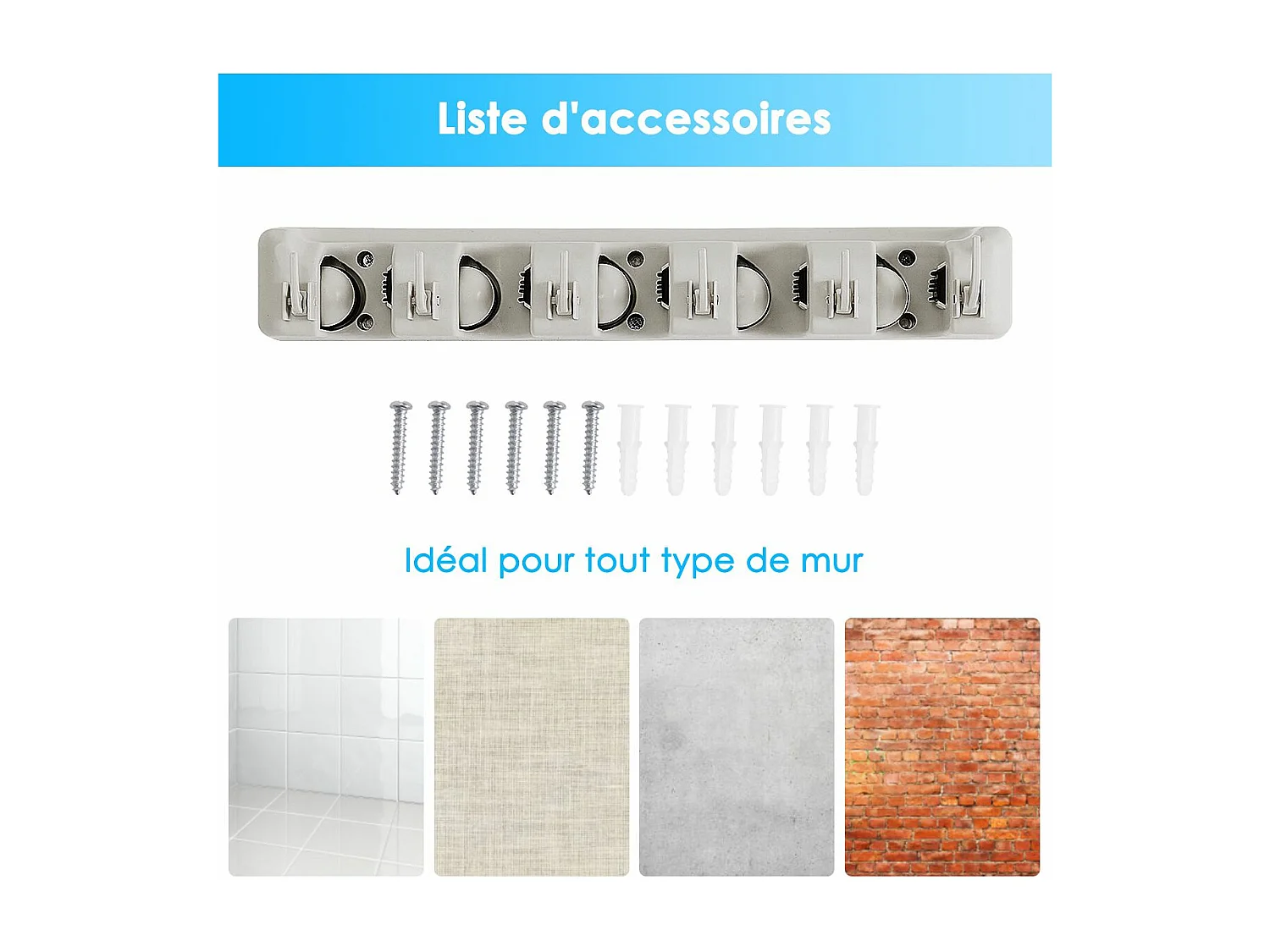 Porte Balais Mural avec 5 Emplacements et 6 Crochets/Support Balais Mural pour Salle de Bain, Cuisine ou Garage-Blanc