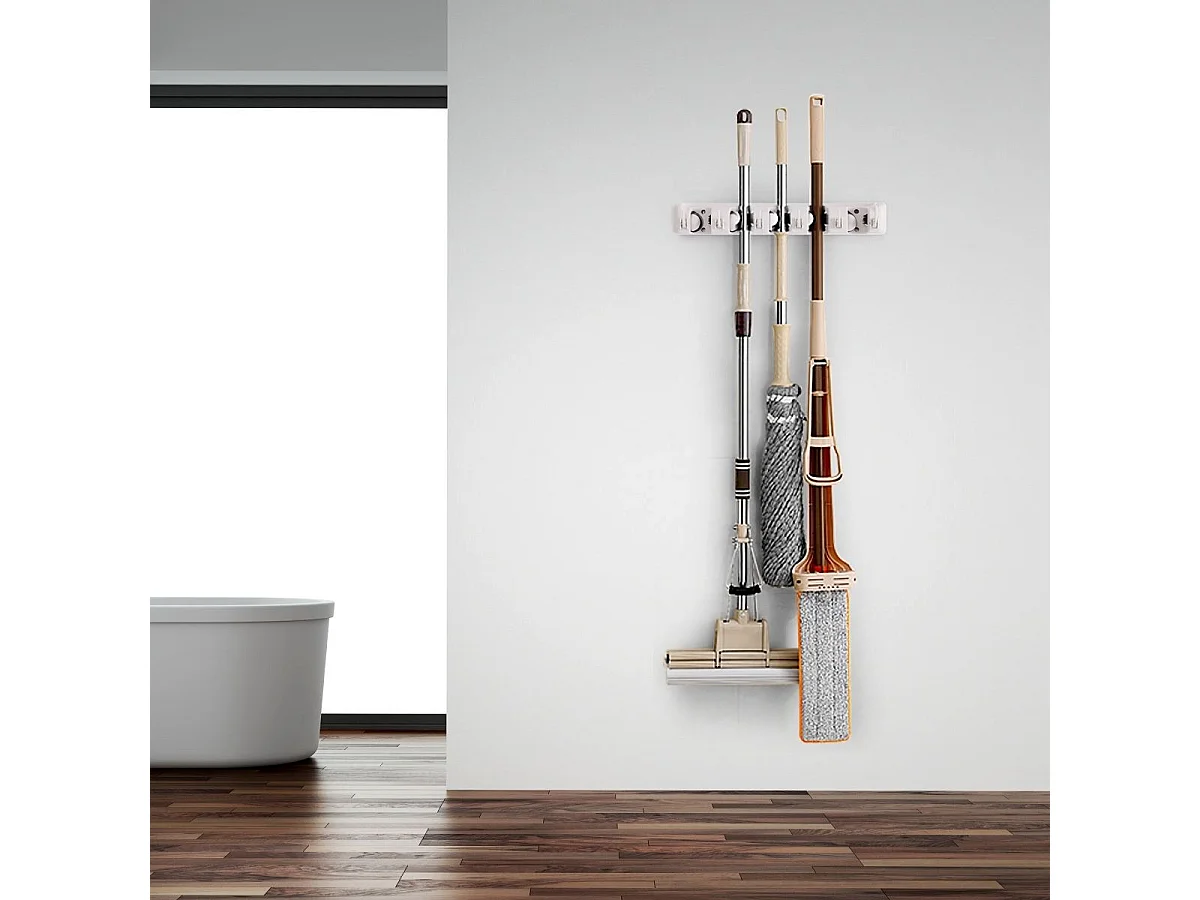 Porte Balais Mural avec 5 Emplacements et 6 Crochets/Support Balais Mural pour Salle de Bain, Cuisine ou Garage-Blanc