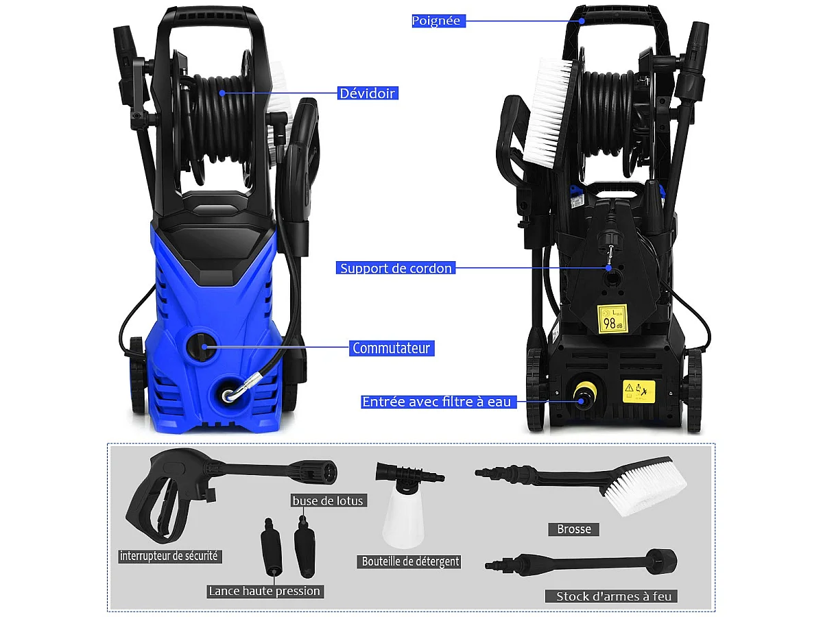 Nettoyeur Haute Pression 140Bar 300L/H avec avec 1 Buse Lotus et 1 Buse Haute Pression, Flexible 5 Mètres contre Punaise de lit Bleu