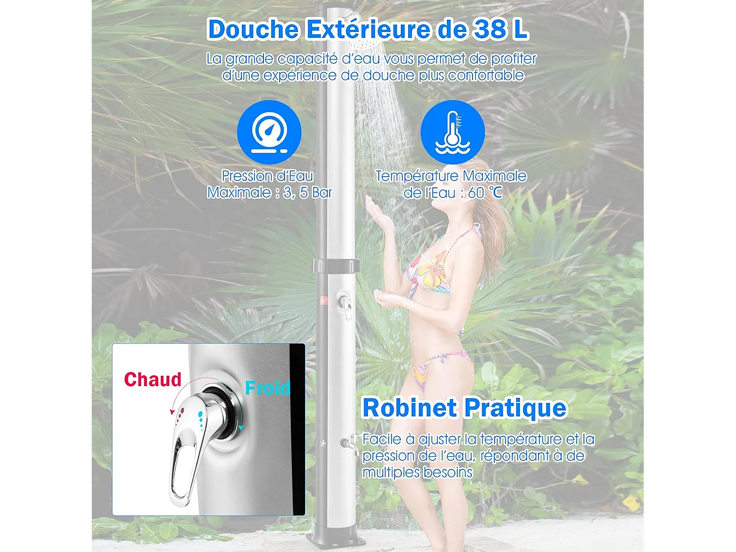 Douche Solaire de Jardin 38L 217,5cm avec Pommeau de Douche à Rotation Libre Température et Pression Robinet Réglable Argent