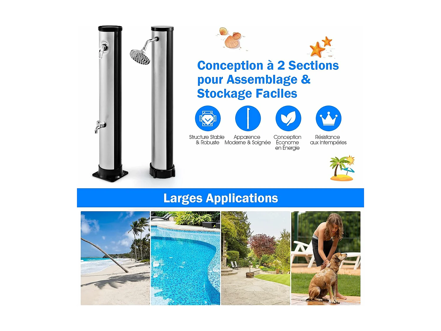 Douche Solaire de Jardin 38L 217,5cm avec Pommeau de Douche à Rotation Libre Température et Pression Robinet Réglable Argent