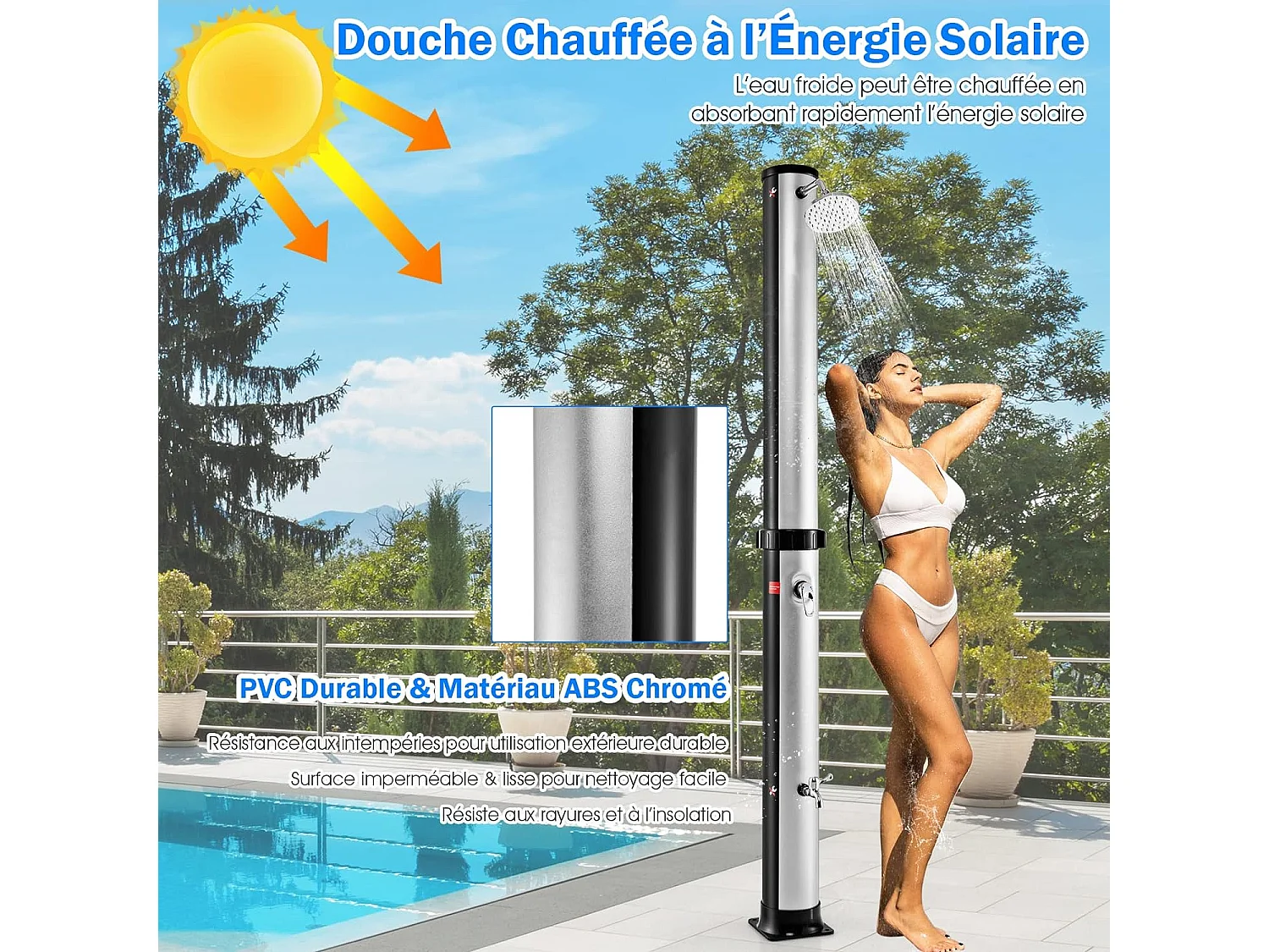 Douche Solaire de Jardin 38L 217,5cm avec Pommeau de Douche à Rotation Libre Température et Pression Robinet Réglable Argent
