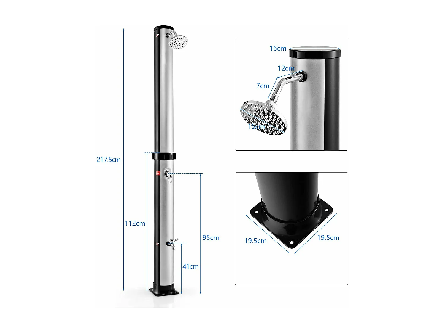 Douche Solaire de Jardin 38L 217,5cm avec Pommeau de Douche à Rotation Libre Température et Pression Robinet Réglable Argent