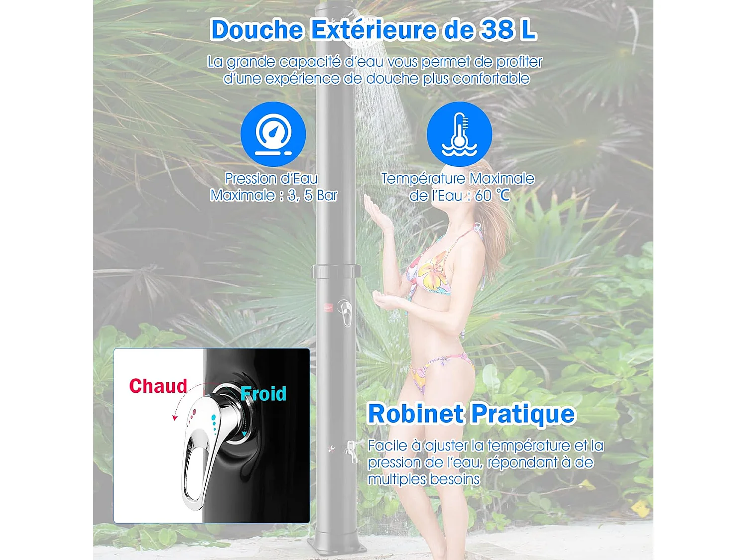 Douche Solaire de Jardin 38L 217,5cm avec Pommeau de Douche à Rotation Libre Température et Pression Robinet Réglable Noir