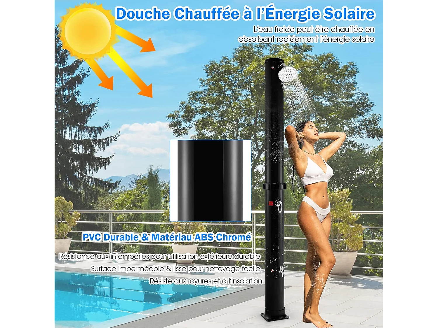 Douche Solaire de Jardin 38L 217,5cm avec Pommeau de Douche à Rotation Libre Température et Pression Robinet Réglable Noir