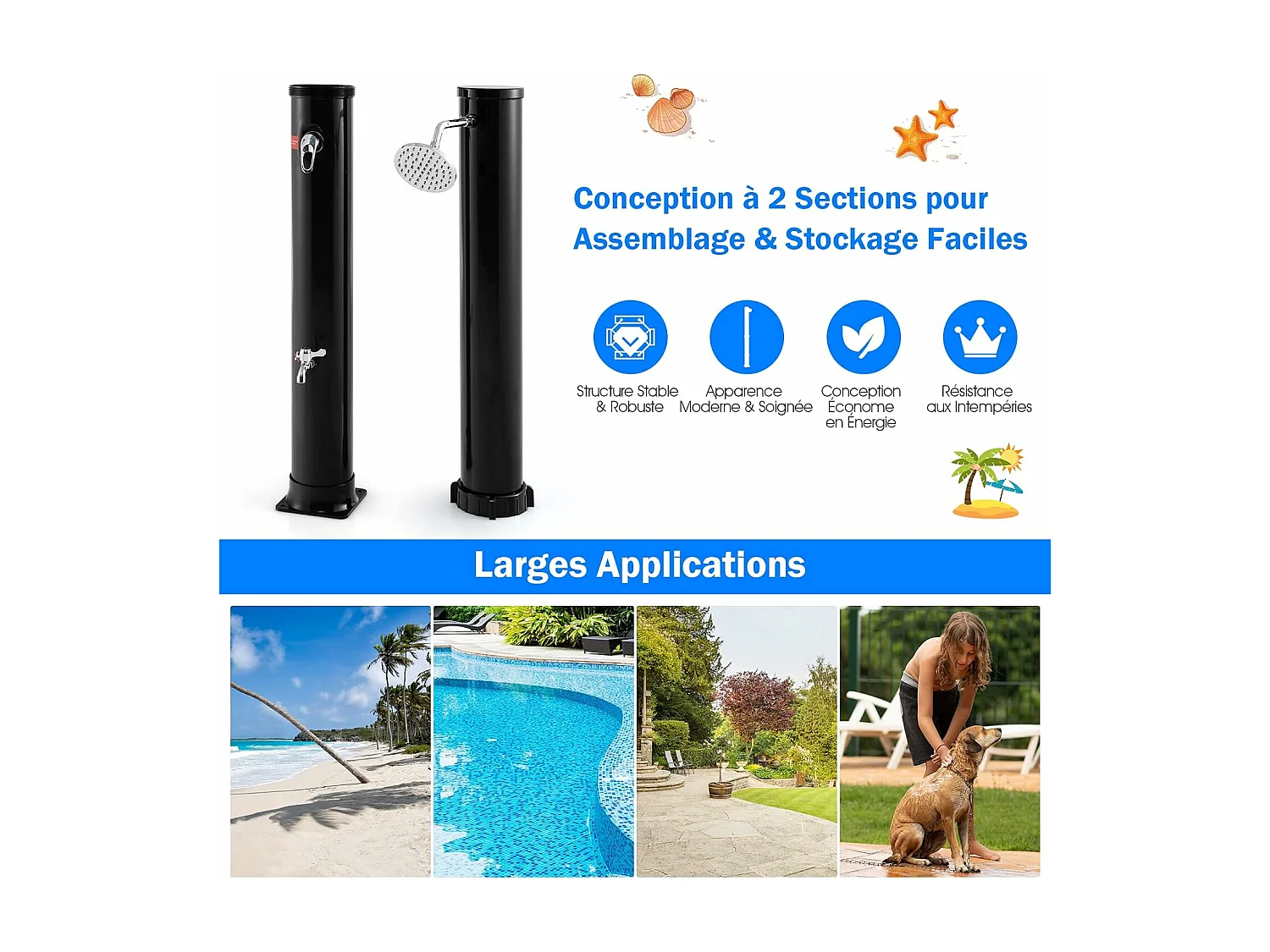 Douche Solaire de Jardin 38L 217,5cm avec Pommeau de Douche à Rotation Libre Température et Pression Robinet Réglable Noir