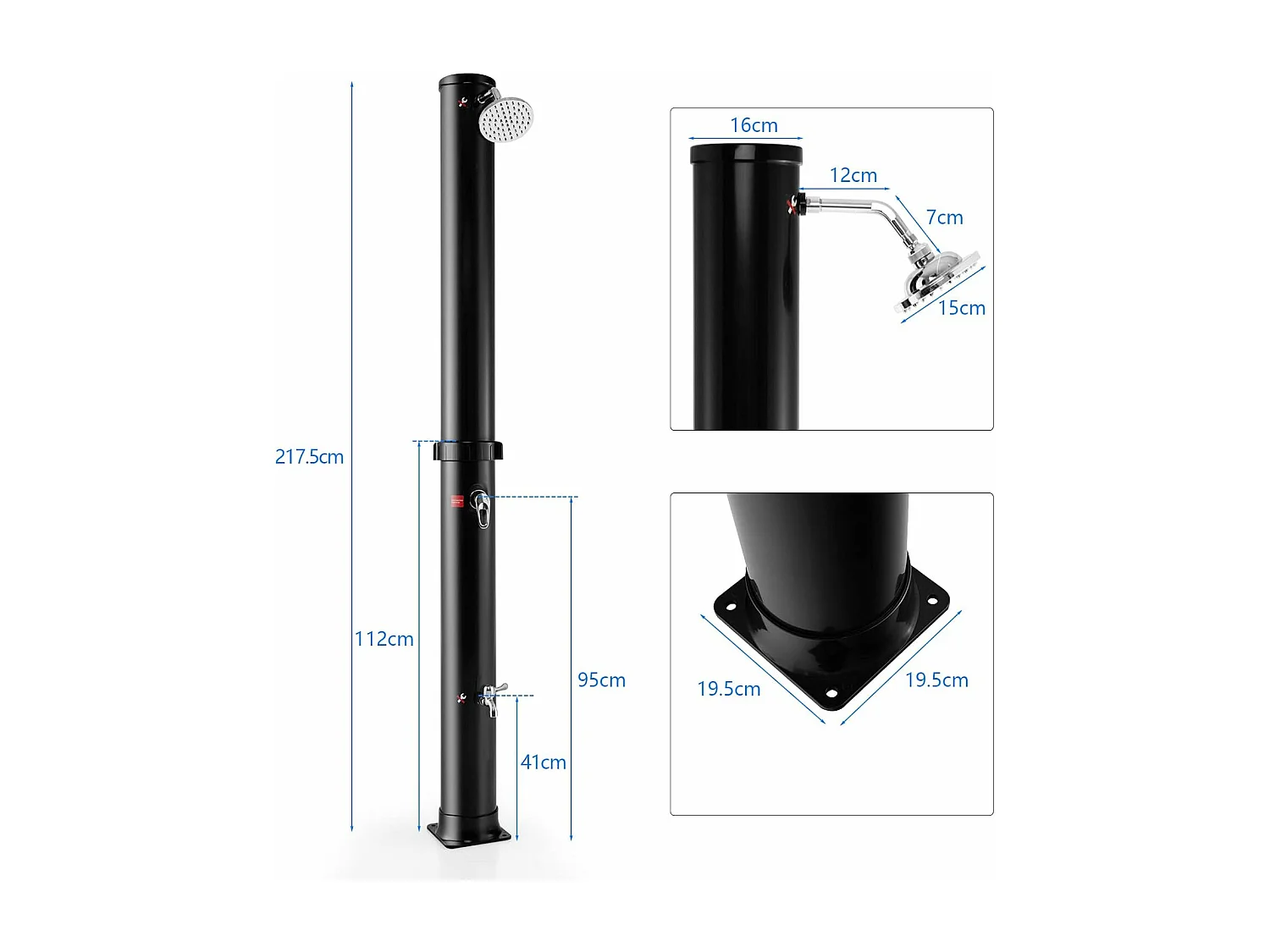 Douche Solaire de Jardin 38L 217,5cm avec Pommeau de Douche à Rotation Libre Température et Pression Robinet Réglable Noir