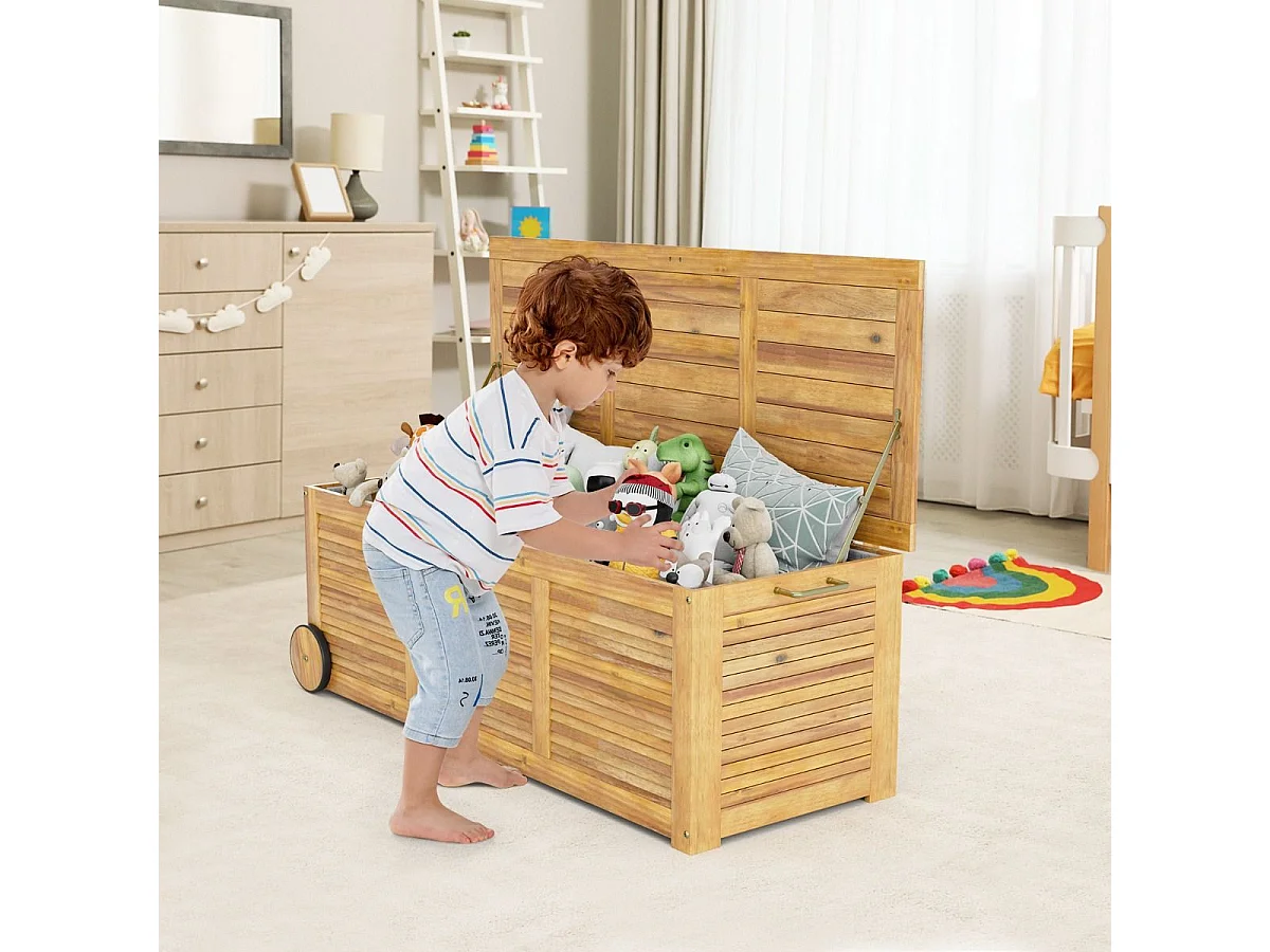 Coffre de Rangement 182L en Bois d'Acacia avec Charnière en Métal, Coffre de Jardin à Roulettes Charge 150KG 127 x 50 x 45 cm, Naturel