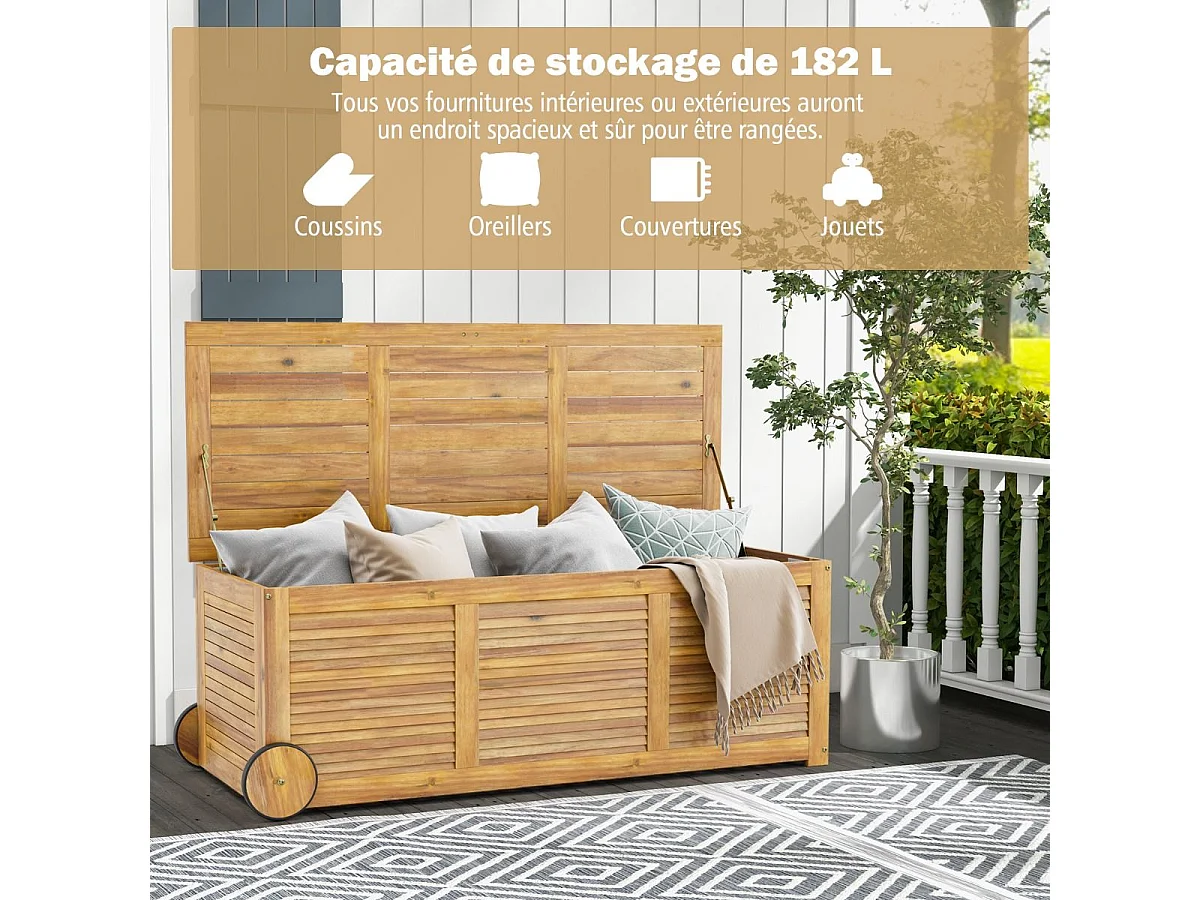 Coffre de Rangement 182L en Bois d'Acacia avec Charnière en Métal, Coffre de Jardin à Roulettes Charge 150KG 127 x 50 x 45 cm, Naturel