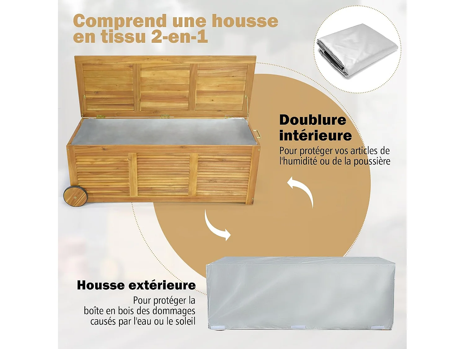 Coffre de Rangement 182L en Bois d'Acacia avec Charnière en Métal, Coffre de Jardin à Roulettes Charge 150KG 127 x 50 x 45 cm, Naturel