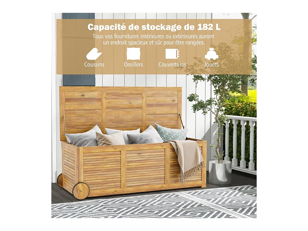 Coffre de Rangement 182L en Bois d'Acacia avec Charnière en Métal, Coffre de Jardin à Roulettes Charge 150KG 127 x 50 x 45 cm, Naturel