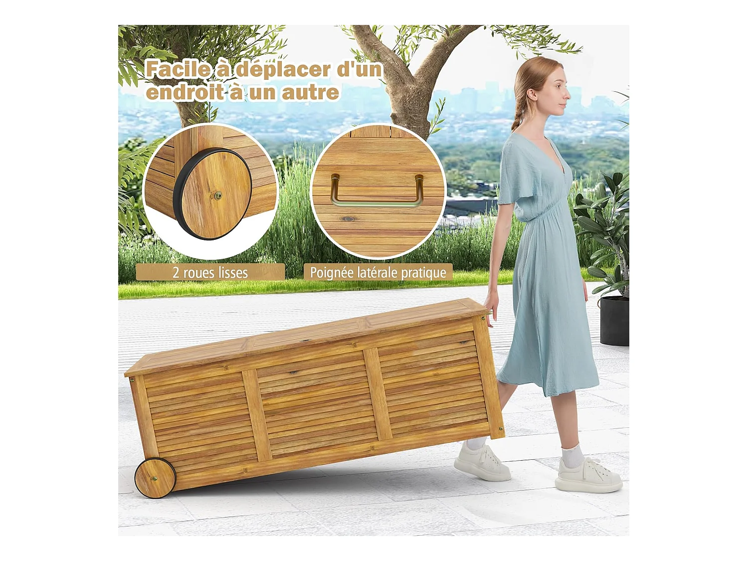 Coffre de Rangement 182L en Bois d'Acacia avec Charnière en Métal, Coffre de Jardin à Roulettes Charge 150KG 127 x 50 x 45 cm, Naturel