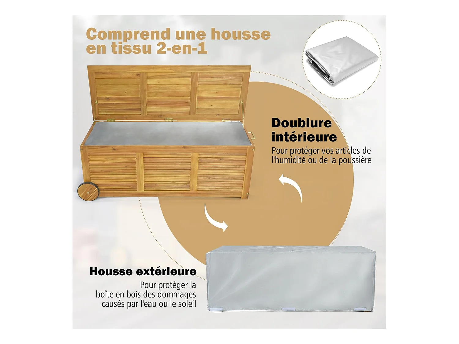 Coffre de Rangement 182L en Bois d'Acacia avec Charnière en Métal, Coffre de Jardin à Roulettes Charge 150KG 127 x 50 x 45 cm, Naturel