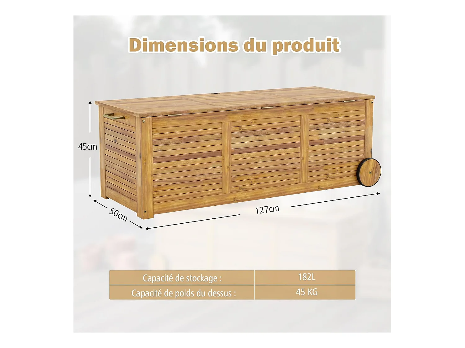 Coffre de Rangement 182L en Bois d'Acacia avec Charnière en Métal, Coffre de Jardin à Roulettes Charge 150KG 127 x 50 x 45 cm, Naturel