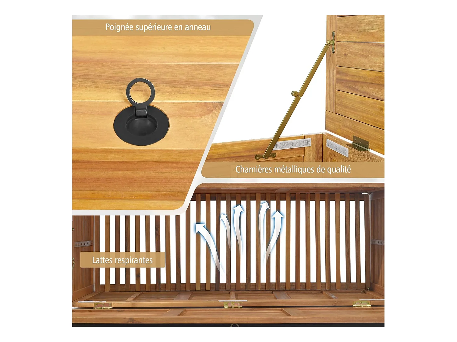 Coffre de Rangement 182L en Bois d'Acacia avec Charnière en Métal, Coffre de Jardin à Roulettes Charge 150KG 127 x 50 x 45 cm, Naturel