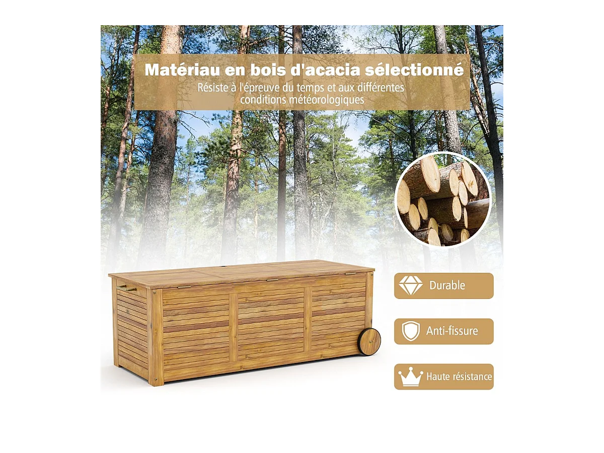 Coffre de Rangement 182L en Bois d'Acacia avec Charnière en Métal, Coffre de Jardin à Roulettes Charge 150KG 127 x 50 x 45 cm, Naturel