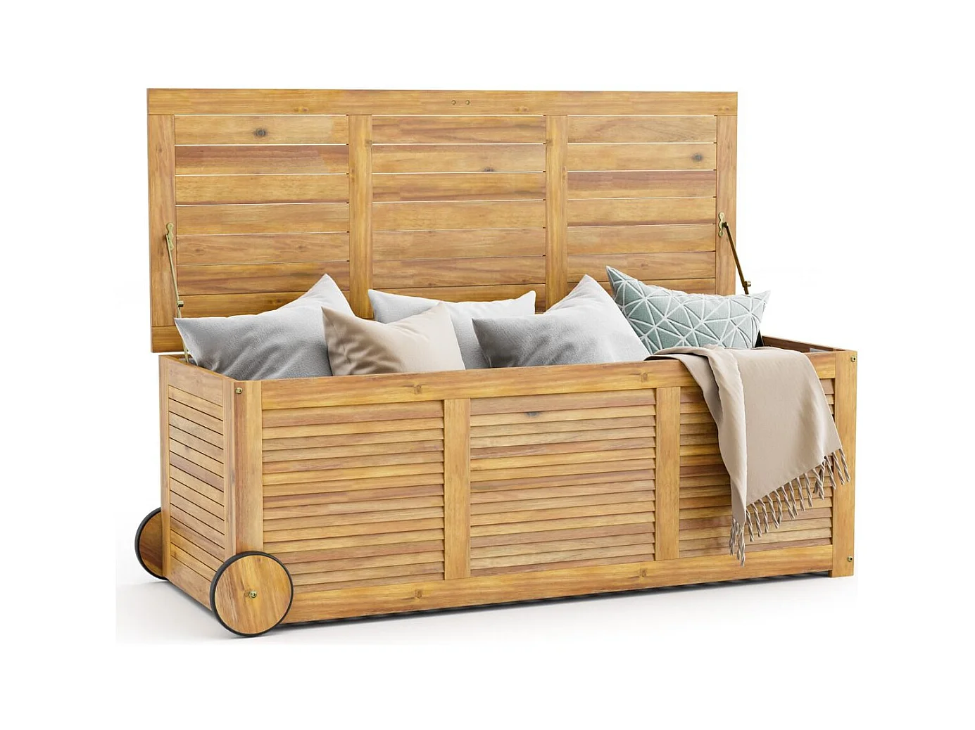 Coffre de Rangement 182L en Bois d'Acacia avec Charnière en Métal, Coffre de Jardin à Roulettes Charge 150KG 127 x 50 x 45 cm, Naturel