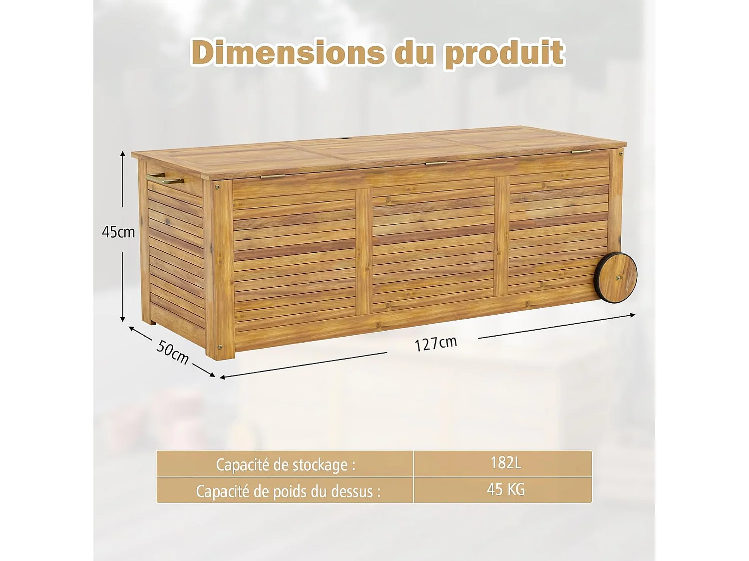 Coffre de Rangement 182L en Bois d'Acacia avec Charnière en Métal, Coffre de Jardin à Roulettes Charge 150KG 127 x 50 x 45 cm, Naturel