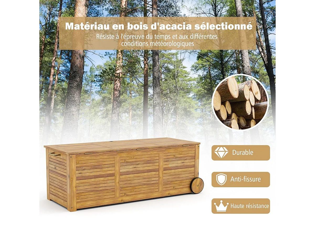Coffre de Rangement 182L en Bois d'Acacia avec Charnière en Métal, Coffre de Jardin à Roulettes Charge 150KG 127 x 50 x 45 cm, Naturel