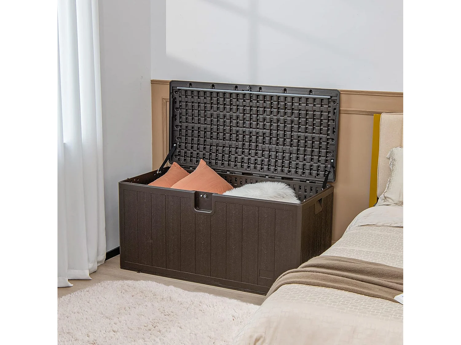 Coffre de Rangement Exterieur XXL 400L-127,5 x 64 x 64 CM avec Poignées Encastrée/Malle de Rangement de Jaridn Verrouillable pour Outils de Jardinage-Marron