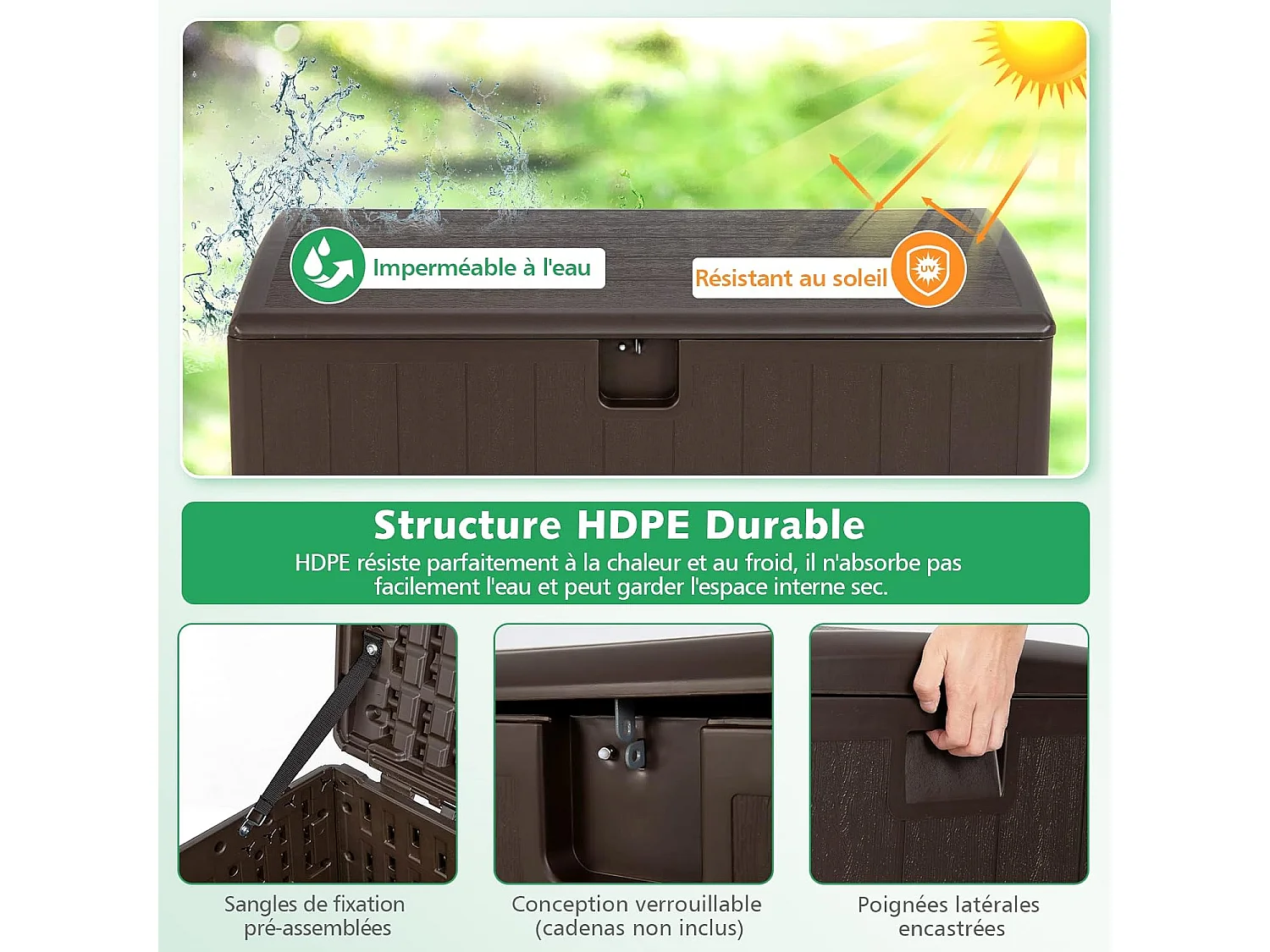 Coffre de Rangement Exterieur XXL 400L-127,5 x 64 x 64 CM avec Poignées Encastrée/Malle de Rangement de Jaridn Verrouillable pour Outils de Jardinage-Marron