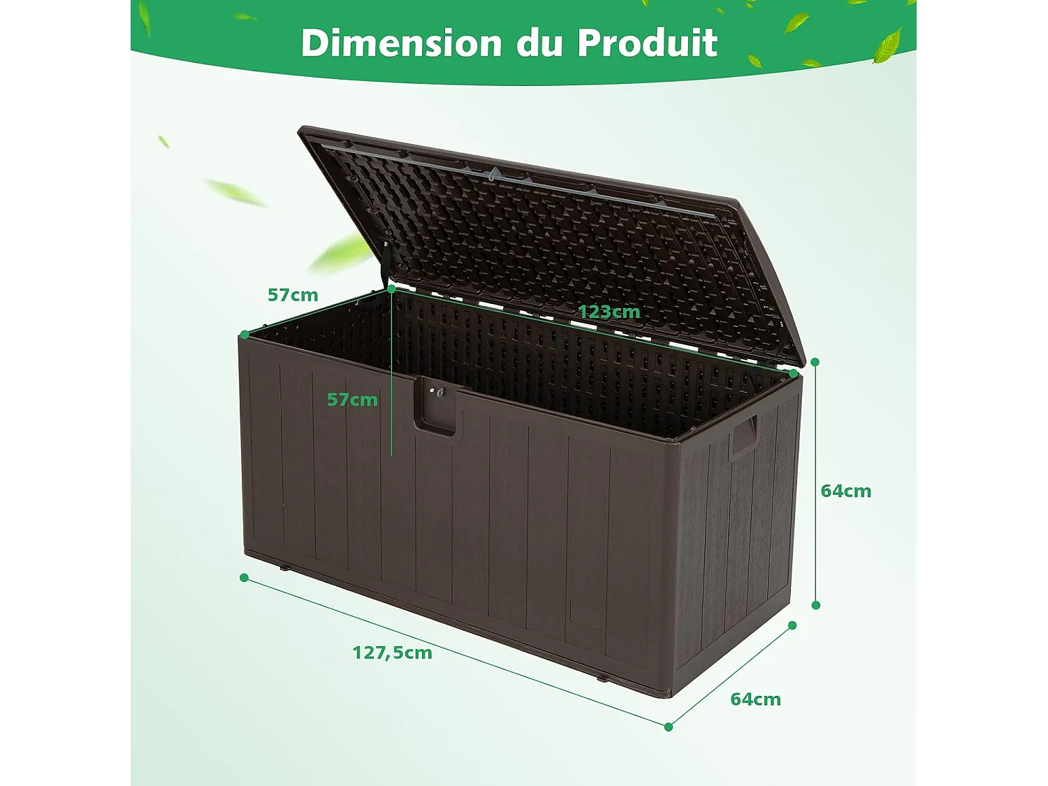 Coffre de Rangement Exterieur XXL 400L-127,5 x 64 x 64 CM avec Poignées Encastrée/Malle de Rangement de Jaridn Verrouillable pour Outils de Jardinage-Marron