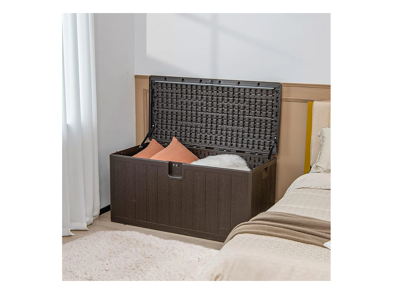 Coffre de Rangement Exterieur XXL 400L-127,5 x 64 x 64 CM avec Poignées Encastrée/Malle de Rangement de Jaridn Verrouillable pour Outils de Jardinage-Marron