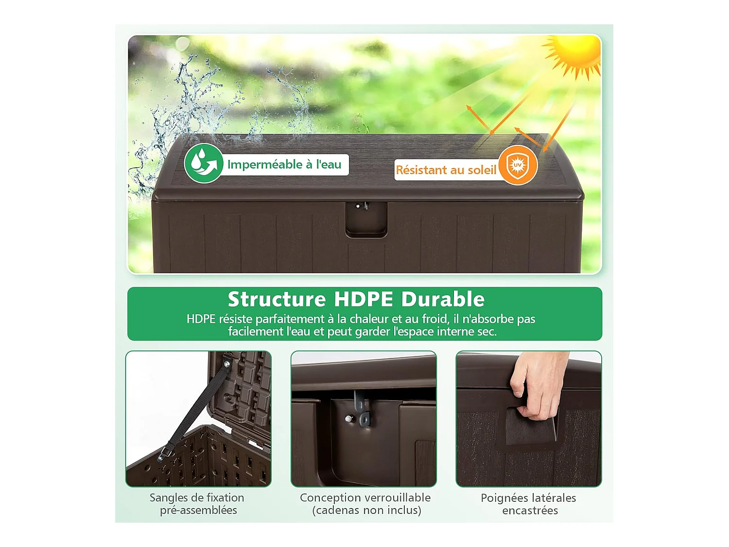 Coffre de Rangement Exterieur XXL 400L-127,5 x 64 x 64 CM avec Poignées Encastrée/Malle de Rangement de Jaridn Verrouillable pour Outils de Jardinage-Marron