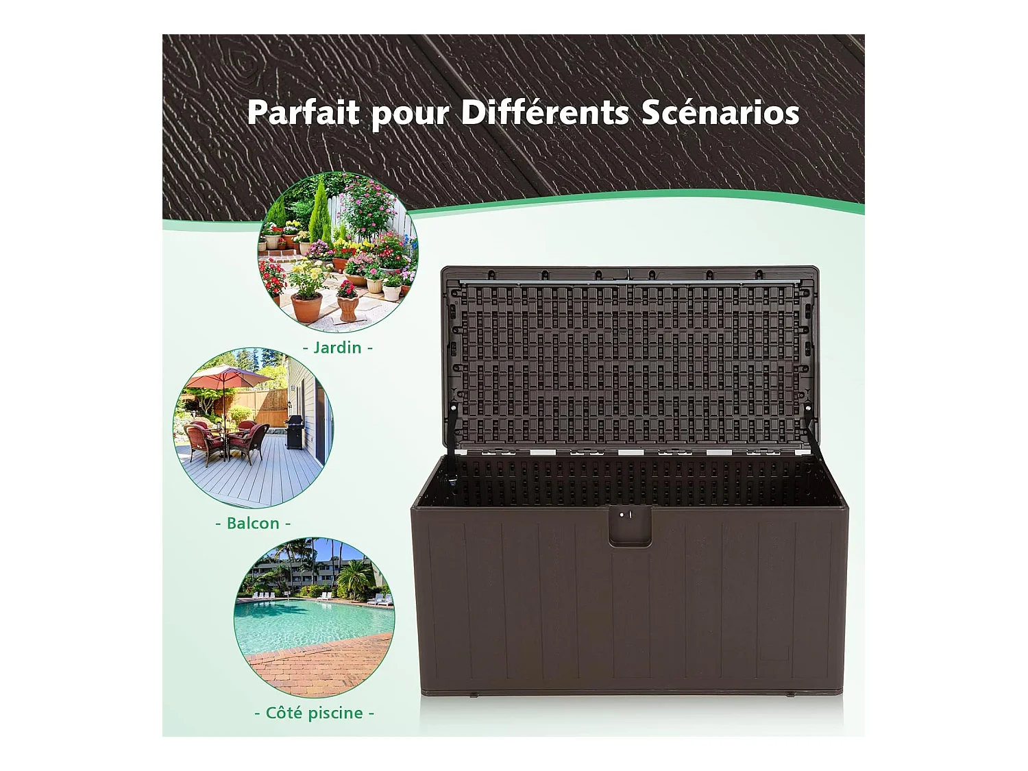 Coffre de Rangement Exterieur XXL 400L-127,5 x 64 x 64 CM avec Poignées Encastrée/Malle de Rangement de Jaridn Verrouillable pour Outils de Jardinage-Marron
