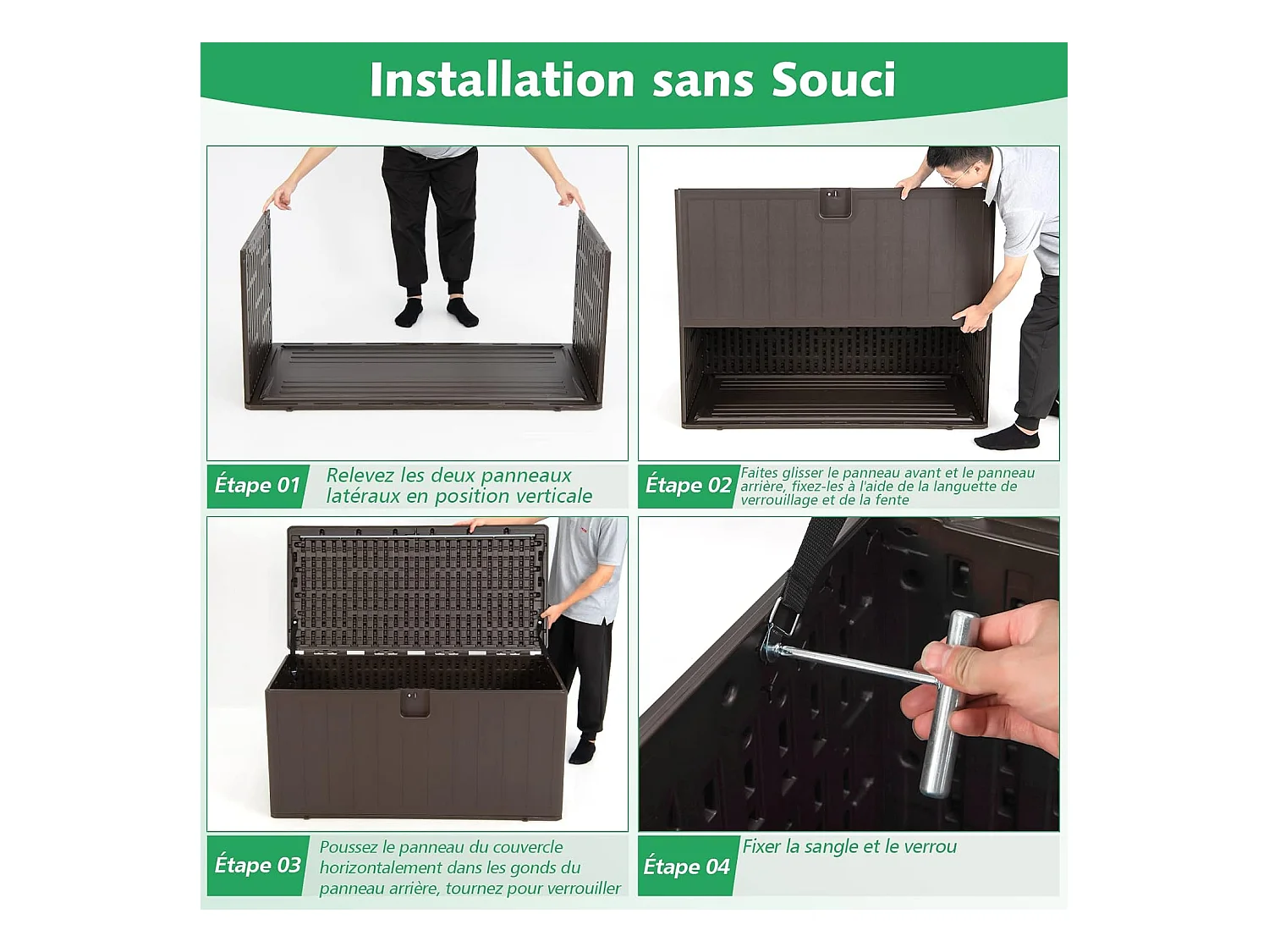 Coffre de Rangement Exterieur XXL 400L-127,5 x 64 x 64 CM avec Poignées Encastrée/Malle de Rangement de Jaridn Verrouillable pour Outils de Jardinage-Marron