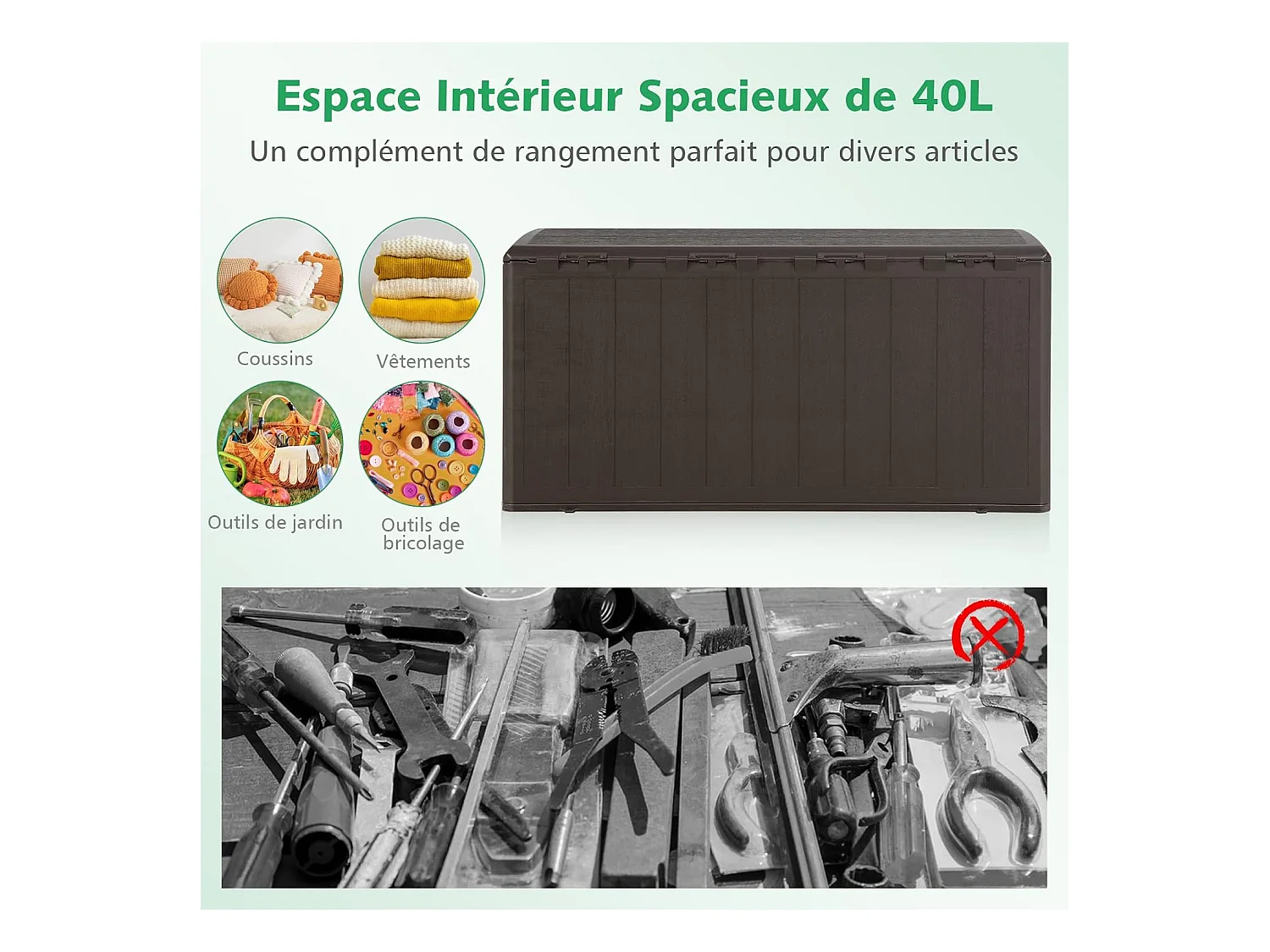 Coffre de Rangement Exterieur XXL 400L-127,5 x 64 x 64 CM avec Poignées Encastrée/Malle de Rangement de Jaridn Verrouillable pour Outils de Jardinage-Marron