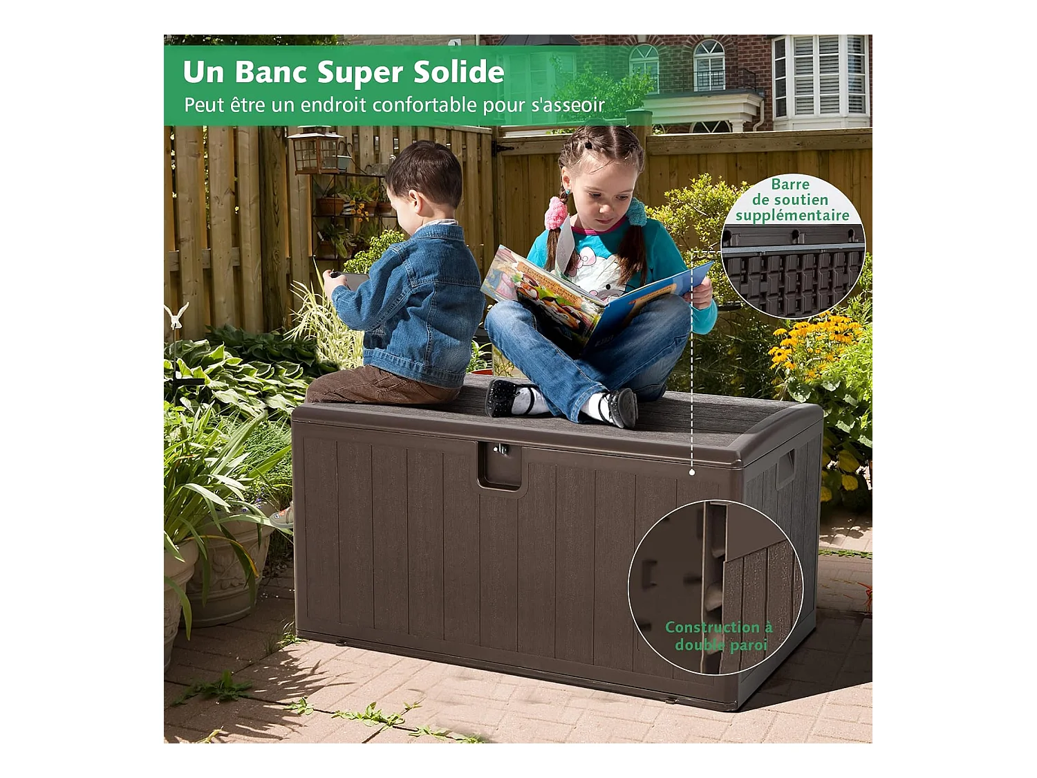 Coffre de Rangement Exterieur XXL 400L-127,5 x 64 x 64 CM avec Poignées Encastrée/Malle de Rangement de Jaridn Verrouillable pour Outils de Jardinage-Marron