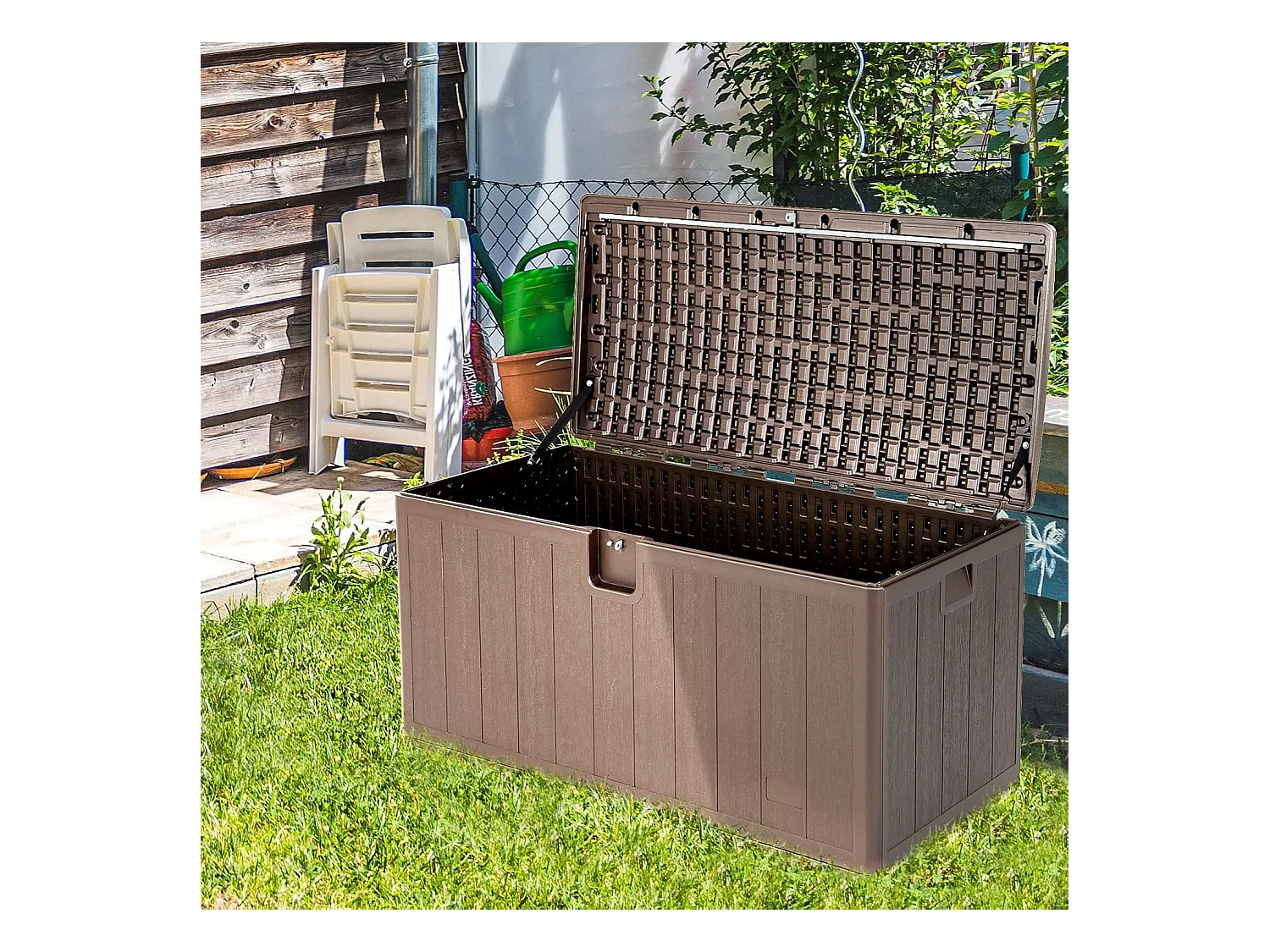 Coffre de Rangement Exterieur XXL 400L-127,5 x 64 x 64 CM avec Poignées Encastrée/Malle de Rangement de Jaridn Verrouillable pour Outils de Jardinage-Marron