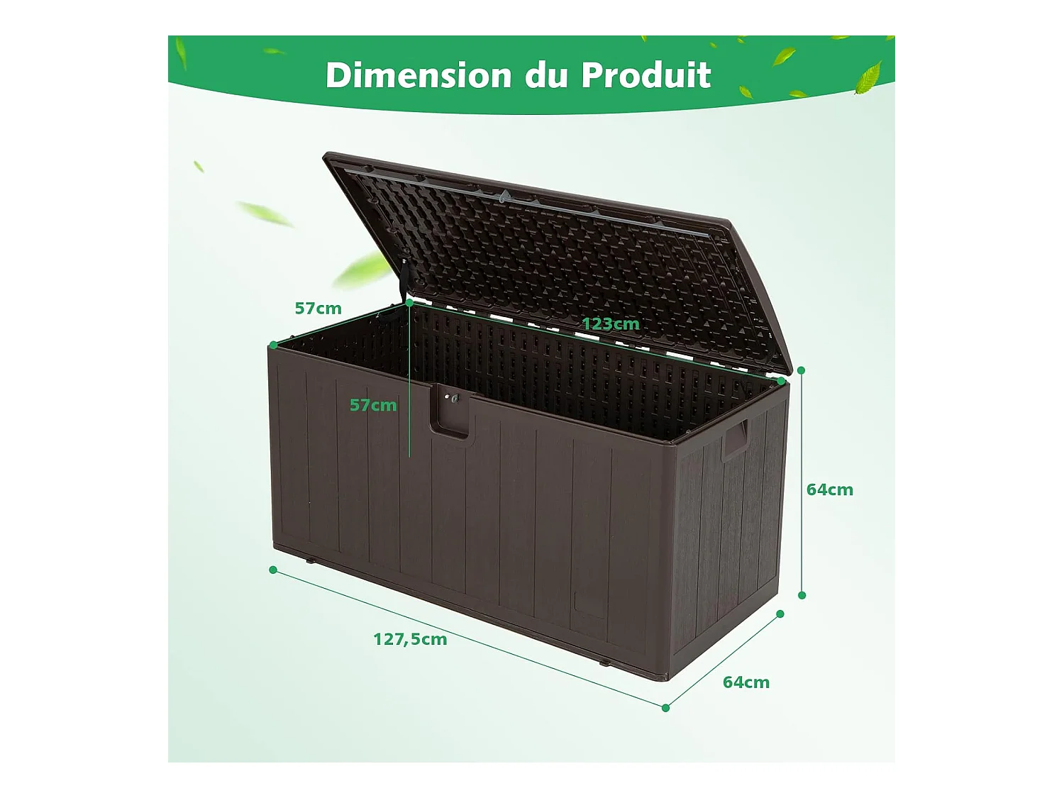 Coffre de Rangement Exterieur XXL 400L-127,5 x 64 x 64 CM avec Poignées Encastrée/Malle de Rangement de Jaridn Verrouillable pour Outils de Jardinage-Marron